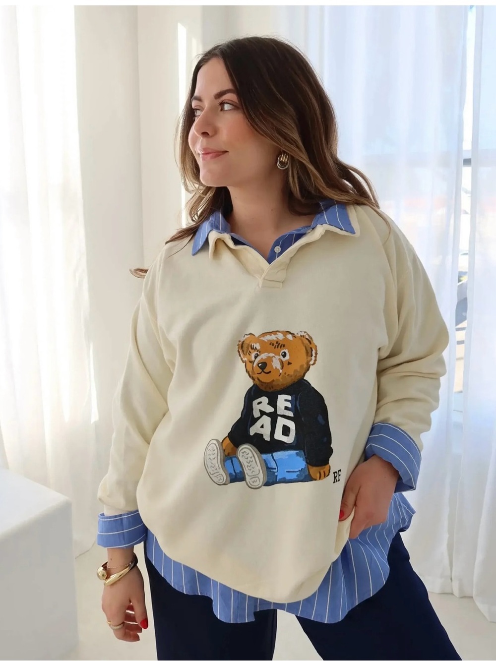 Brand New Rebel & Fleur Rebel Bear READ 'Collared' Crewneck Sweater- Large